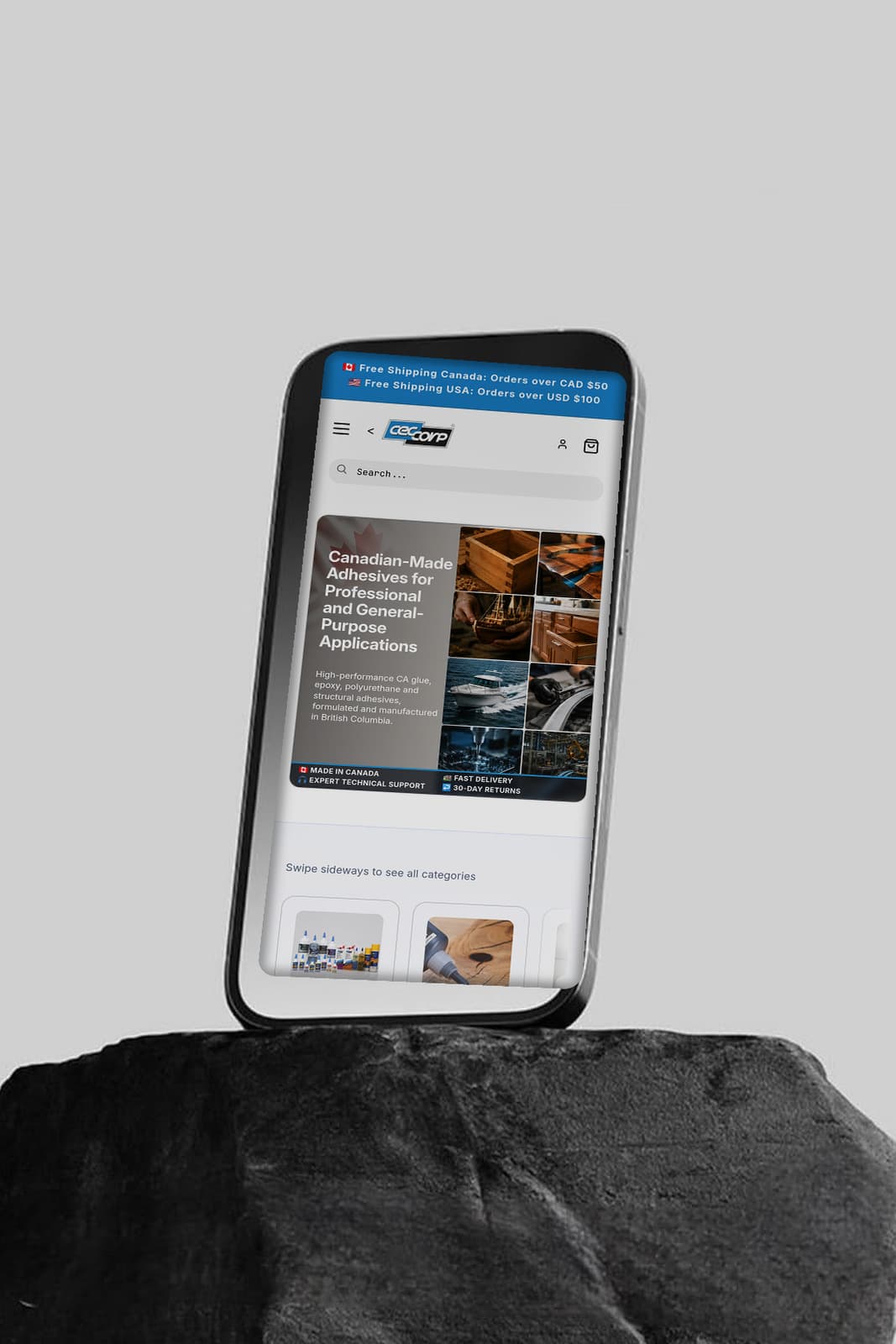CECCORP adhesives homepage on a phone, with the Shop By Application swipe carousel above the chemistry menu drawer