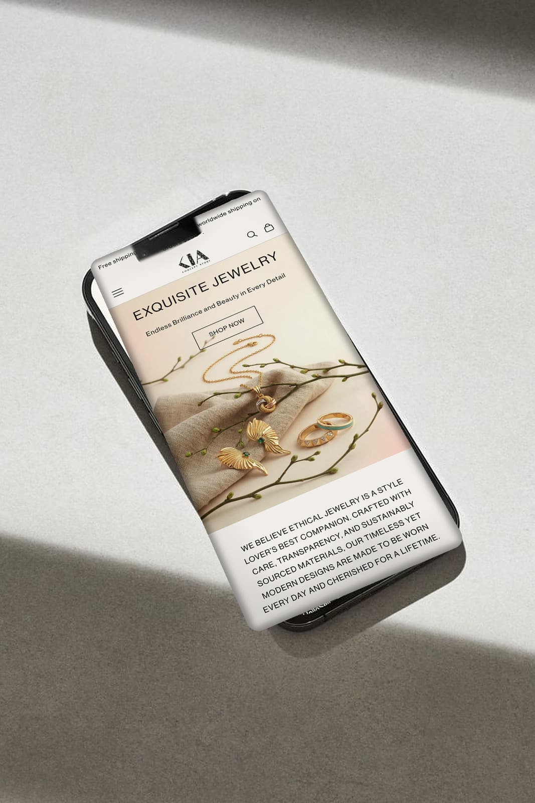 Kia Concept Store homepage on a phone, with the artisan jewelry hero and the store's ethical sourcing promise