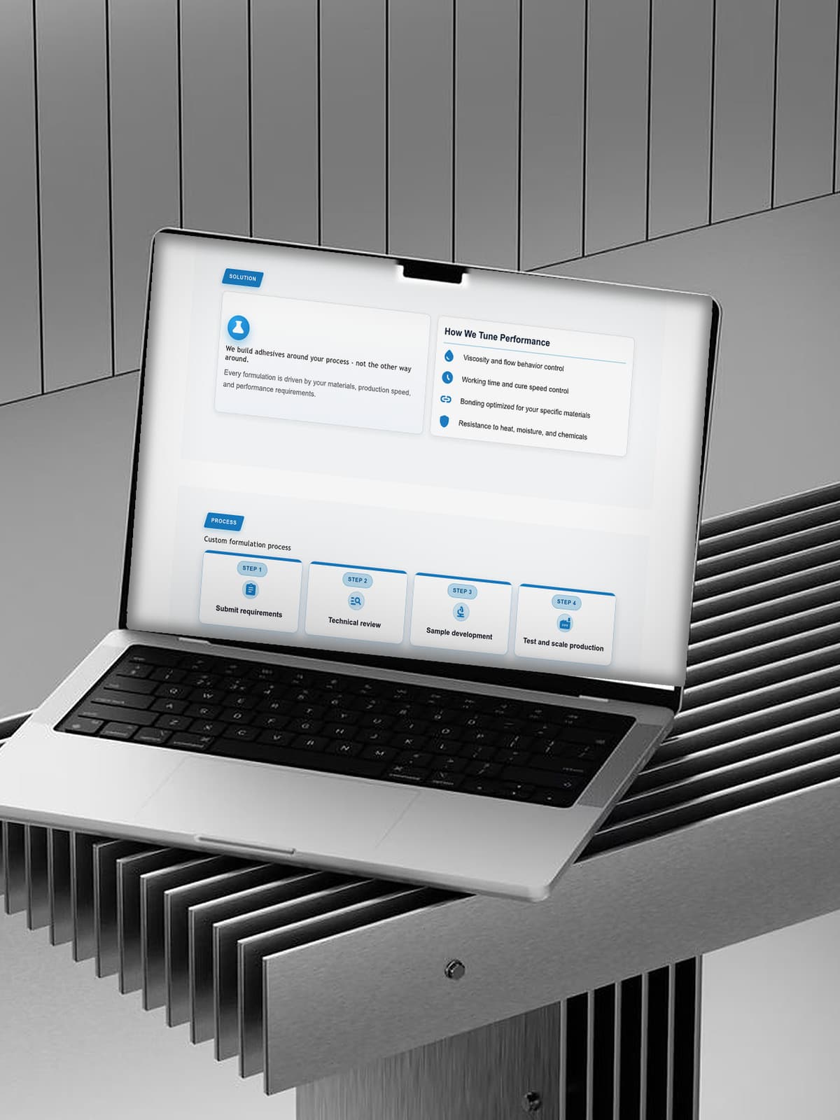 Custom formulation page of the CECCORP Shopify B2B store on a laptop, showing the tuning process and the quote request form