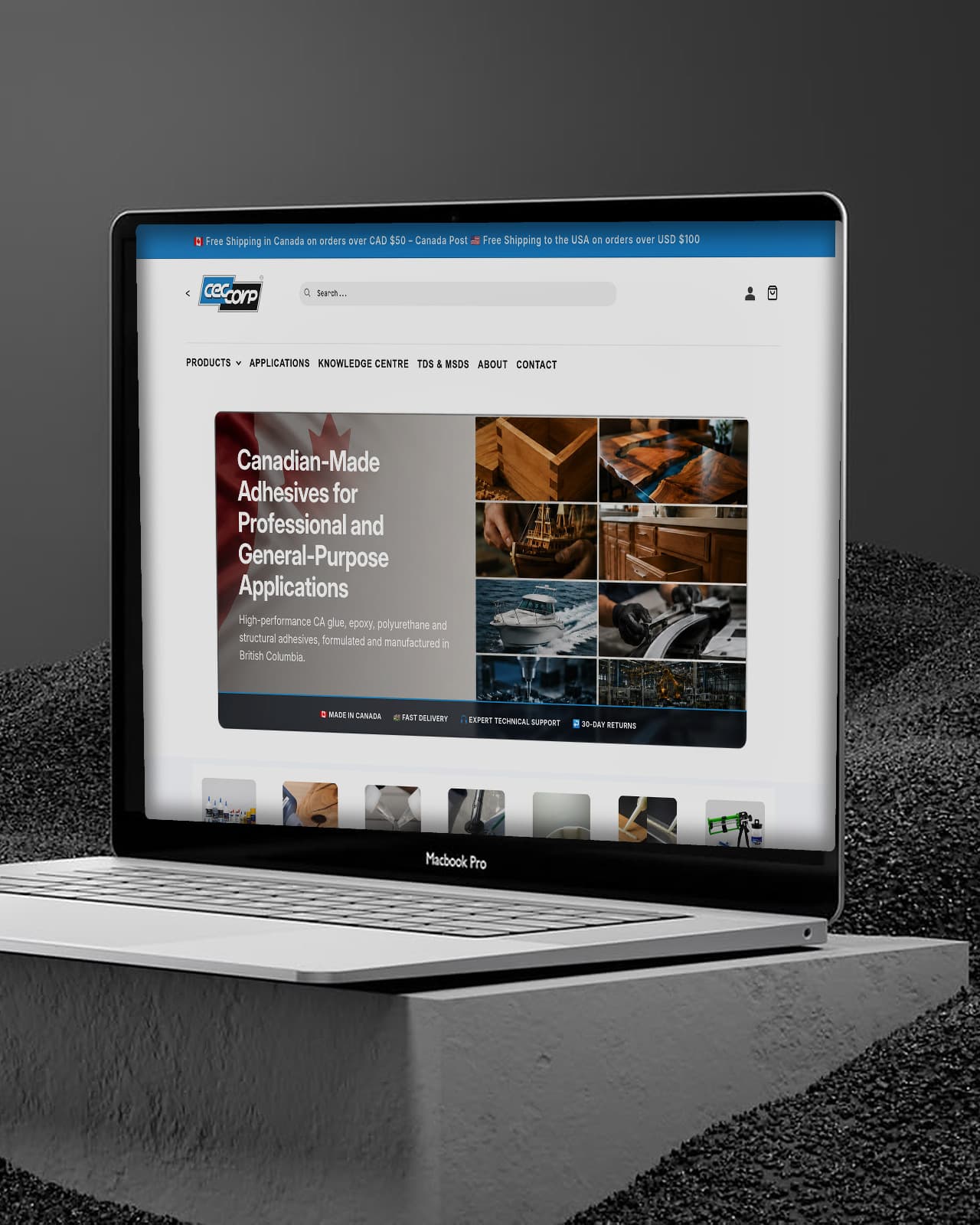 CECCORP industrial adhesives Shopify homepage on a laptop: Canadian-made hero, chemistry mega menu and application tiles