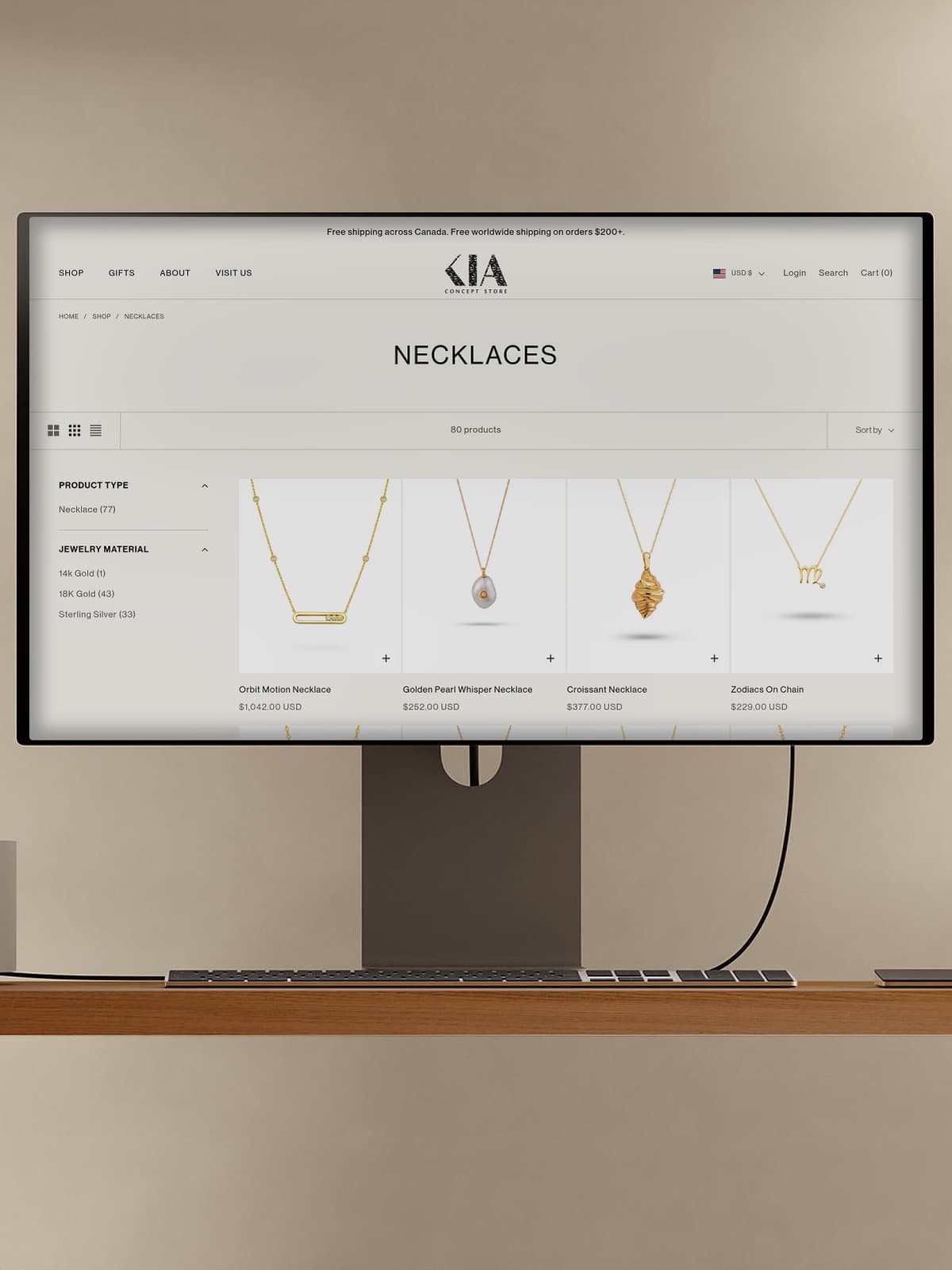 Kia Concept Store necklaces collection page on a desktop display, filtered by product type and jewelry material