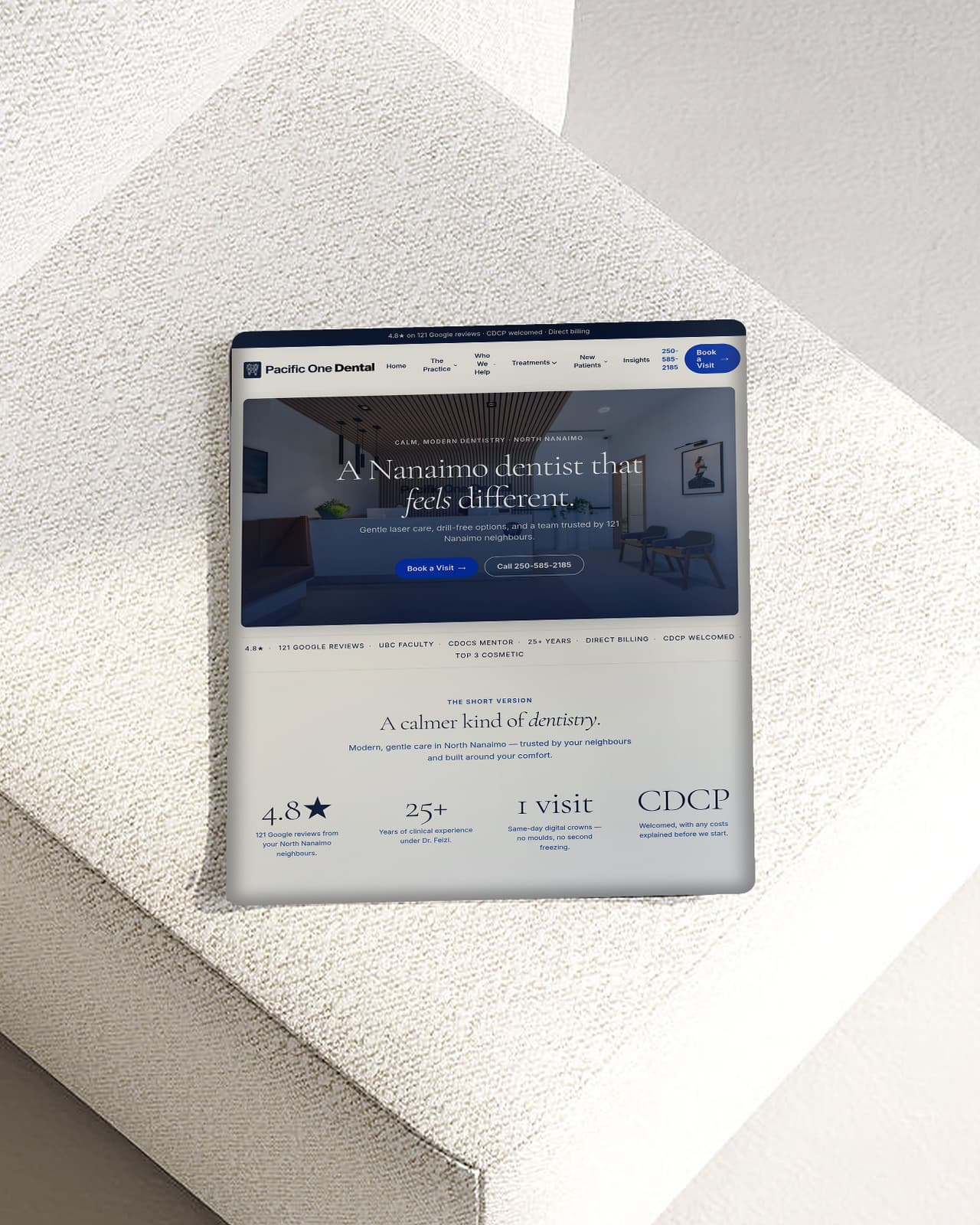 Pacific One Dental dental website design homepage on a tablet: gentle dentistry hero with Book a Visit and click-to-call