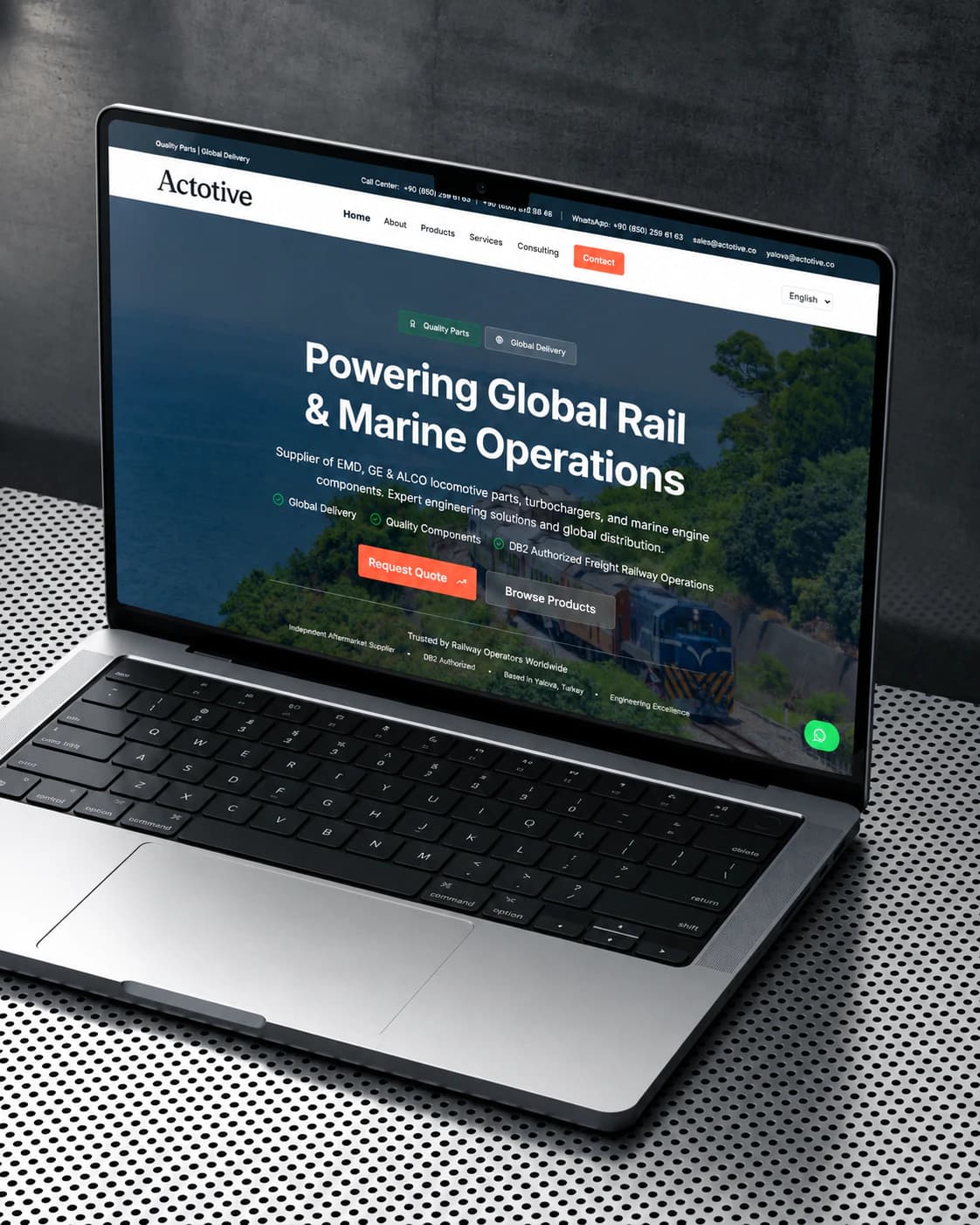 Actotive homepage on a laptop: Powering Global Rail & Marine Operations hero