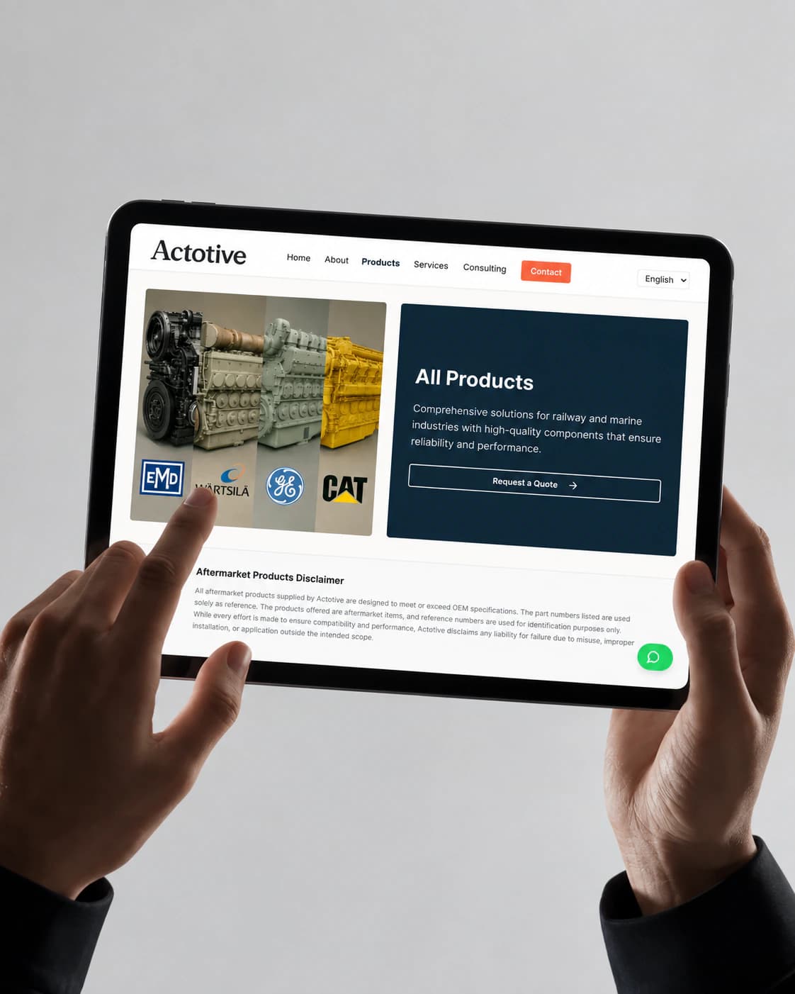 Actotive all products page on a tablet, held in two hands