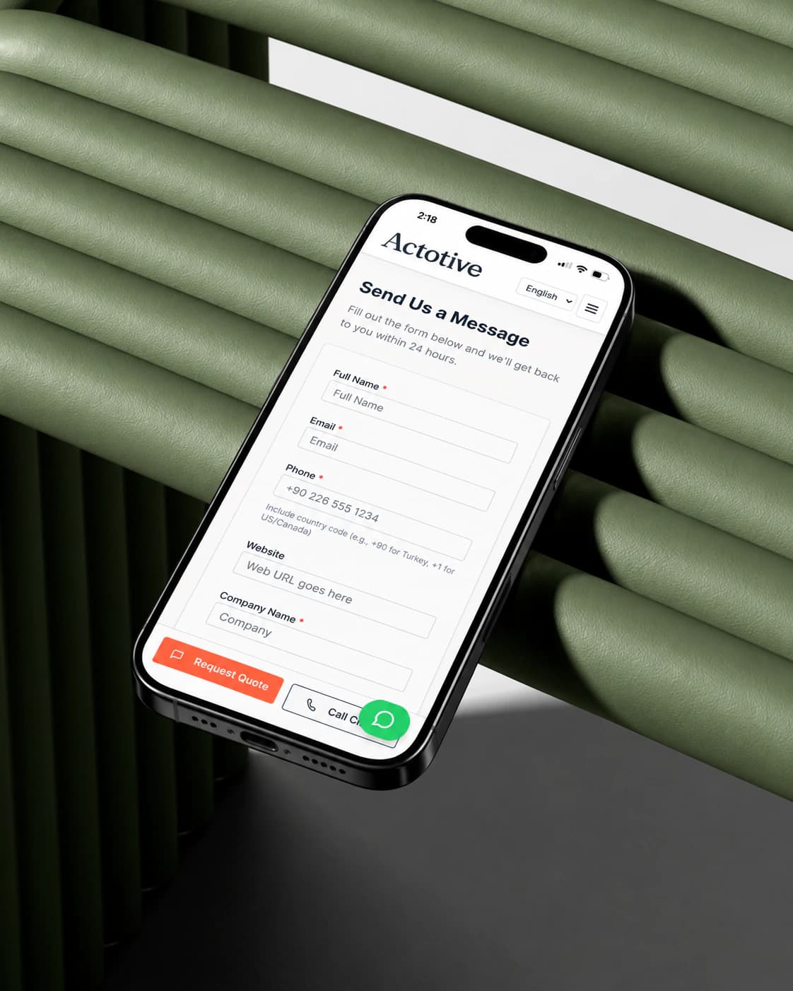 Actotive Send Us a Message contact page on a phone, on green steel pipes