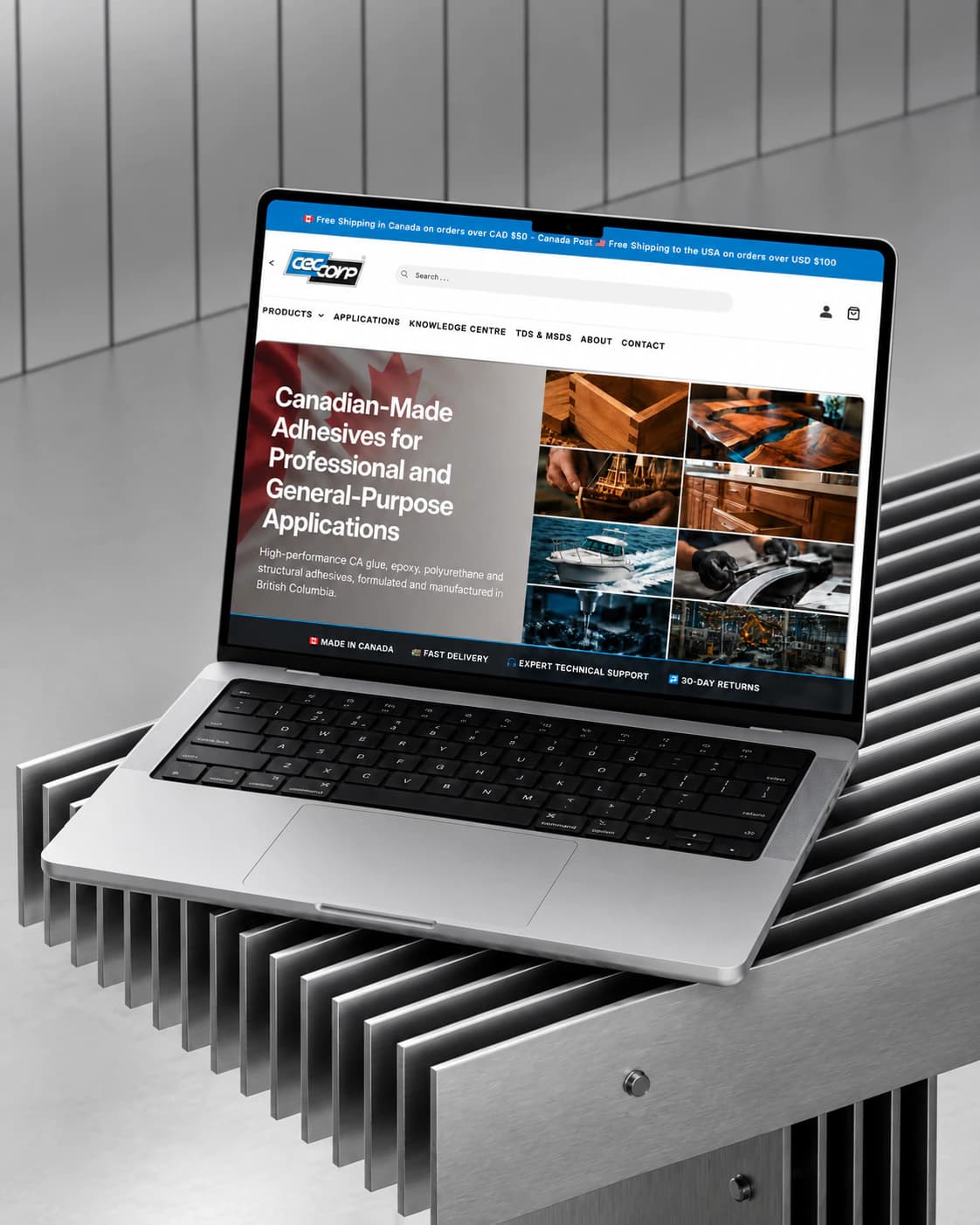 CECCORP industrial adhesives Shopify homepage on a laptop, on ribbed metal