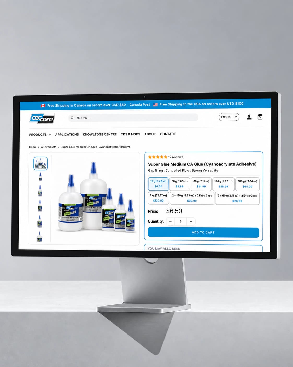 CECCORP Super Glue Medium product page on a desktop monitor