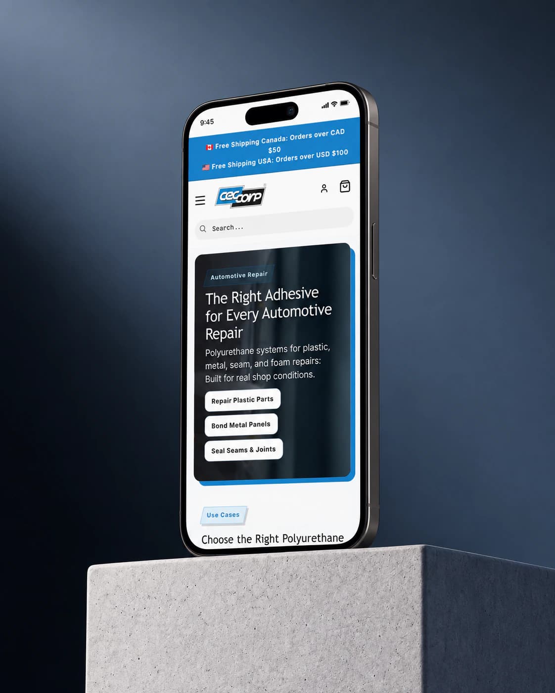 CECCORP automotive applications page on a phone, on a concrete block