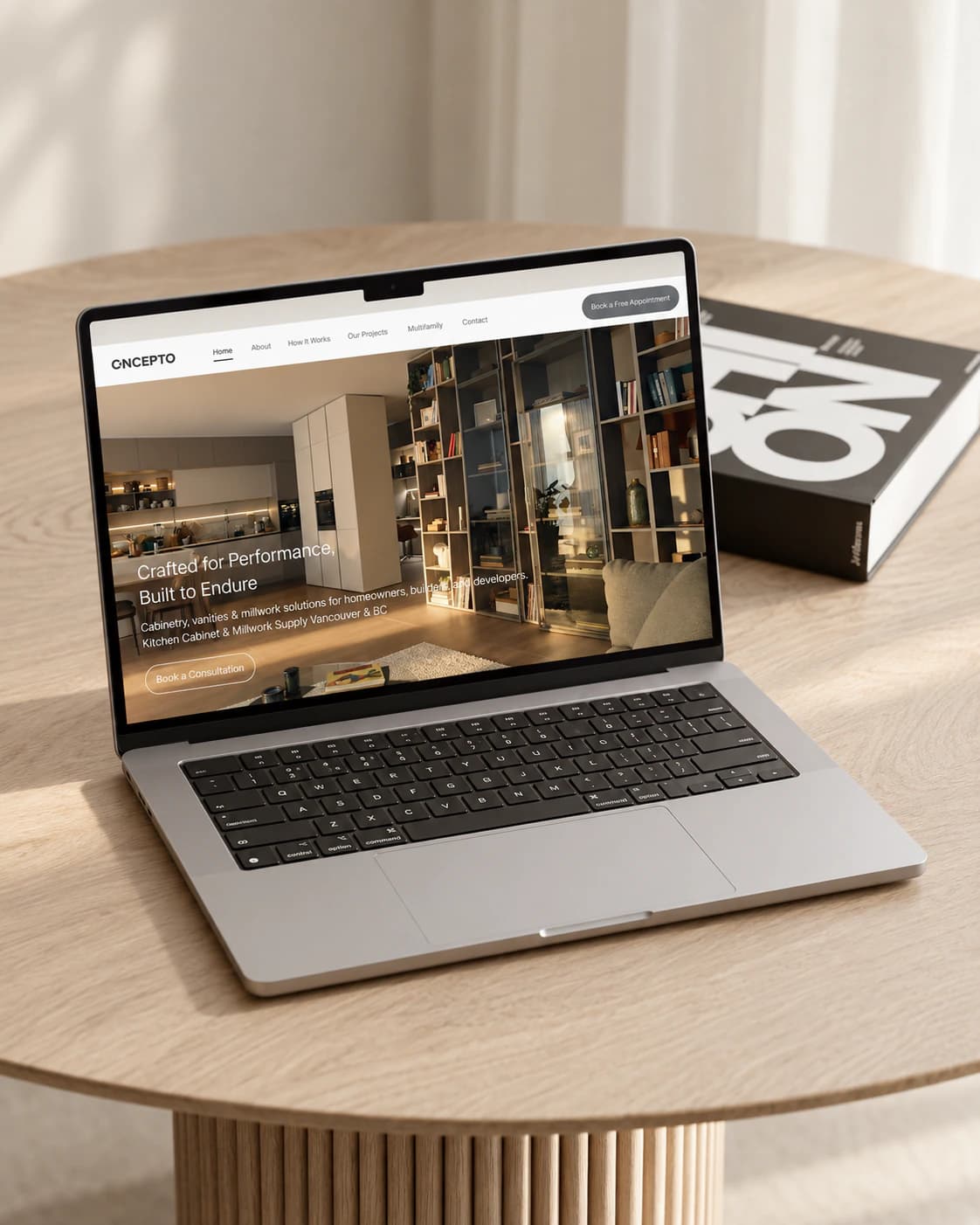 Concepto Interiors homepage on a laptop: Crafted for Performance, Built to Endure hero