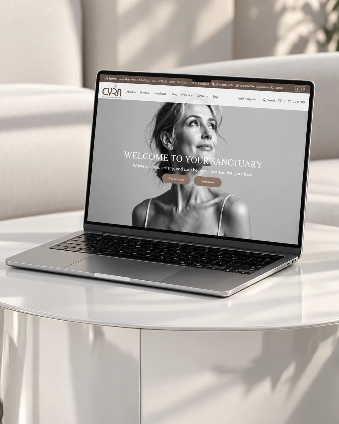 Cyra Beauty homepage on a laptop, on a white table: Welcome to your sanctuary hero