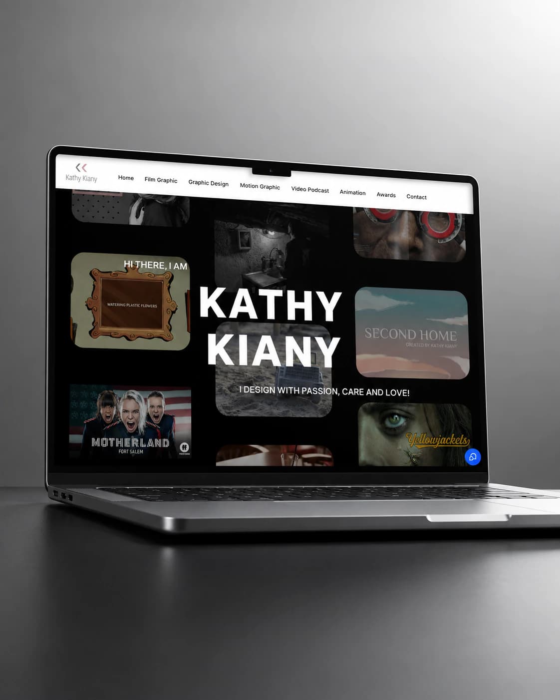Kathy Kiany animation and design portfolio homepage on a laptop