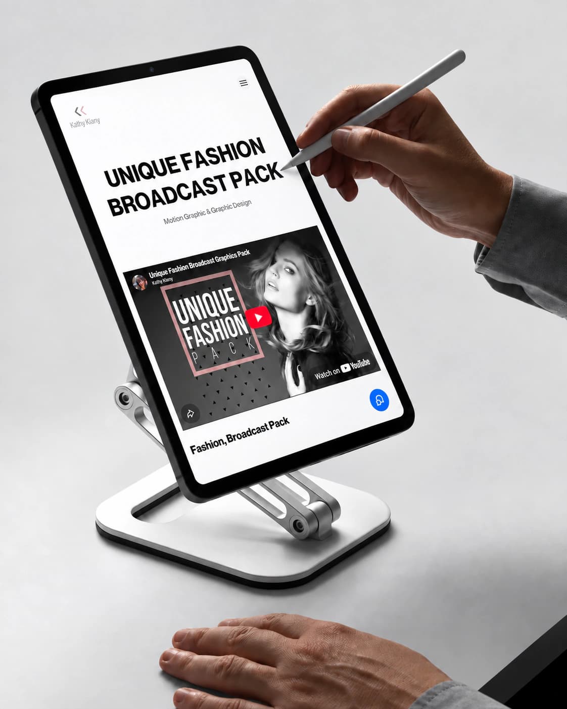 Kathy Kiany Unique Fashion Broadcast Pack project page on a tablet on a stand, with a stylus