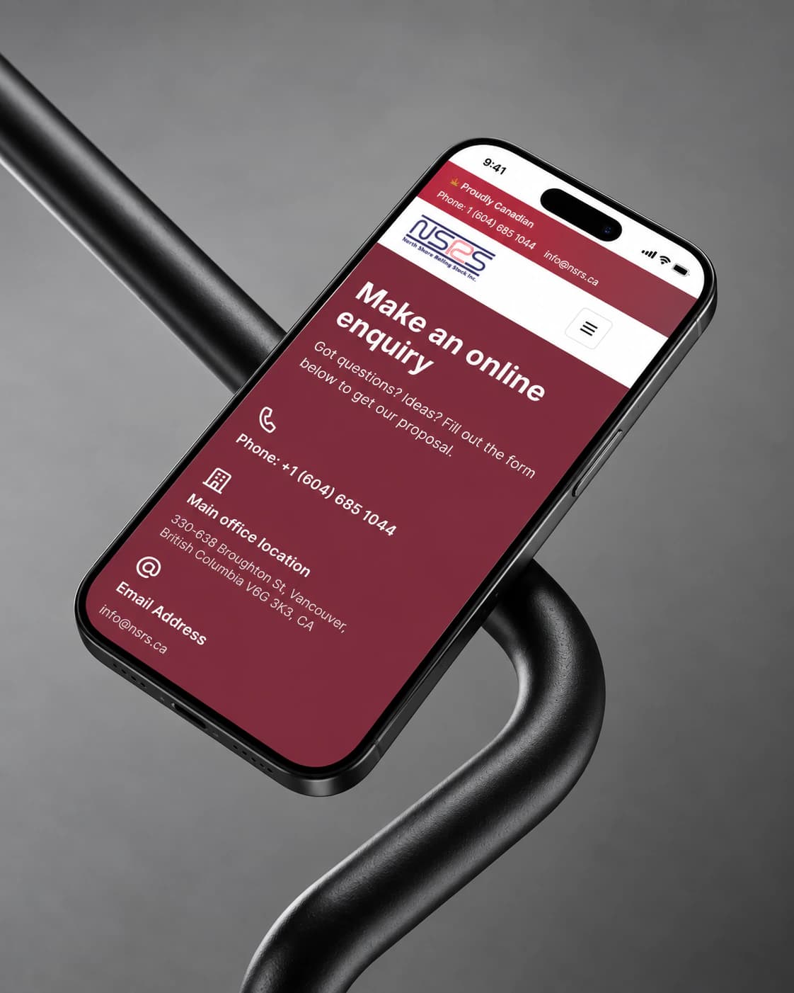 NSRS Make an online enquiry contact page on a phone, on a black steel tube