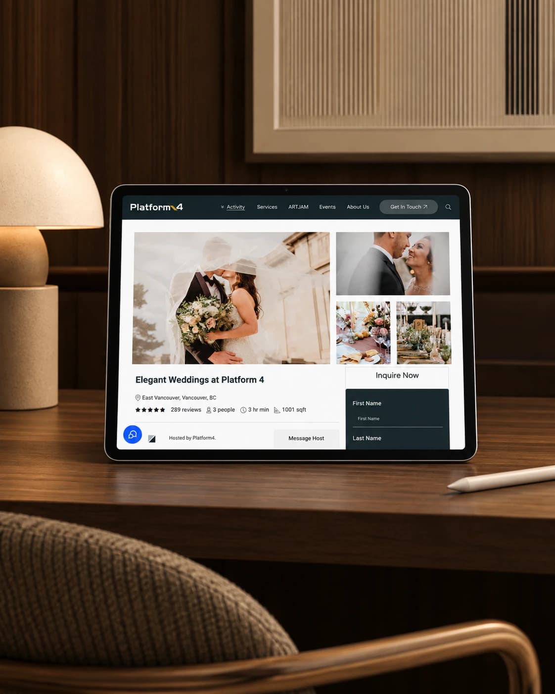Platform4 special occasions page on a tablet, on a walnut desk: Elegant Weddings at Platform 4
