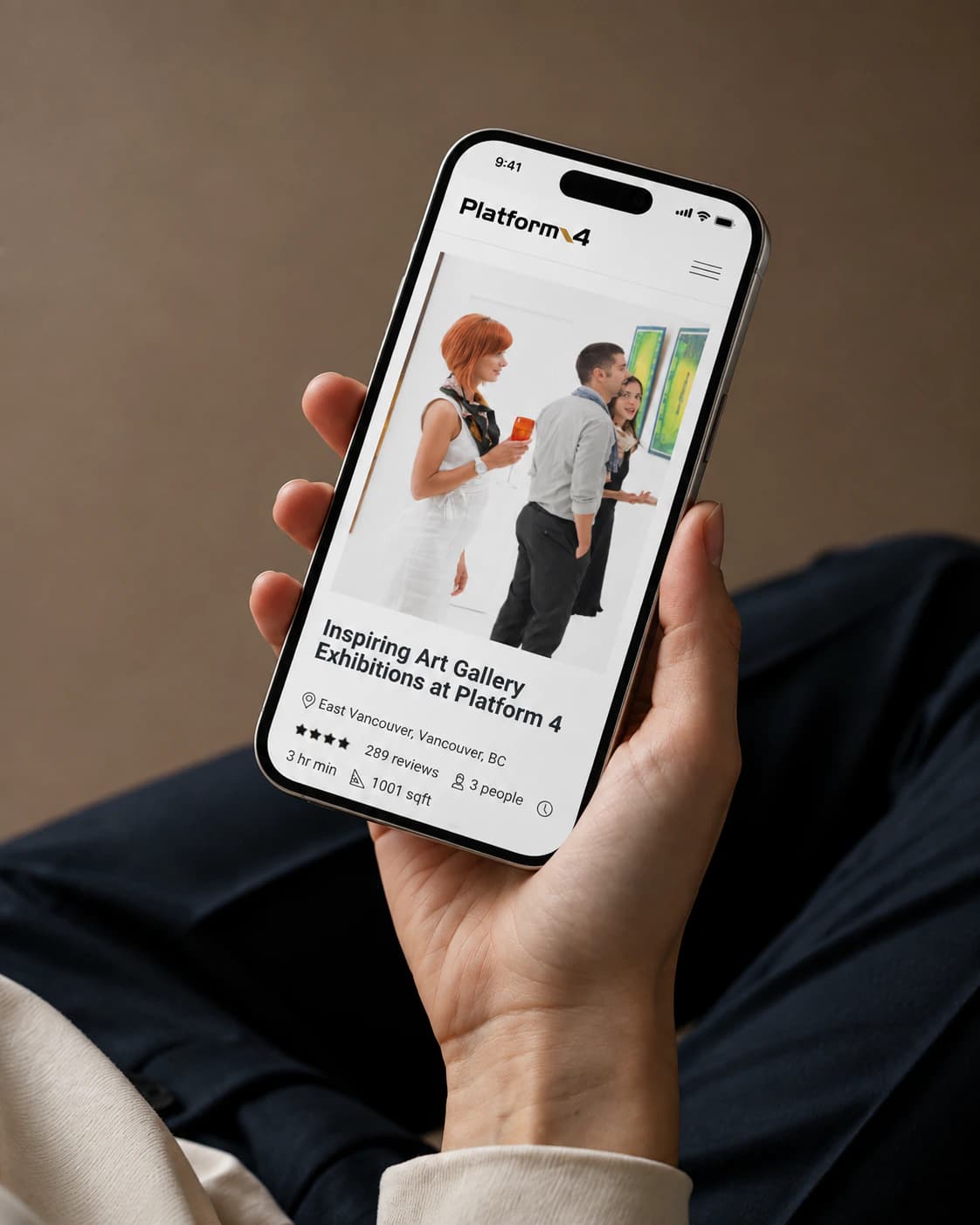 Platform4 art gallery exhibitions page on a phone, held in hand