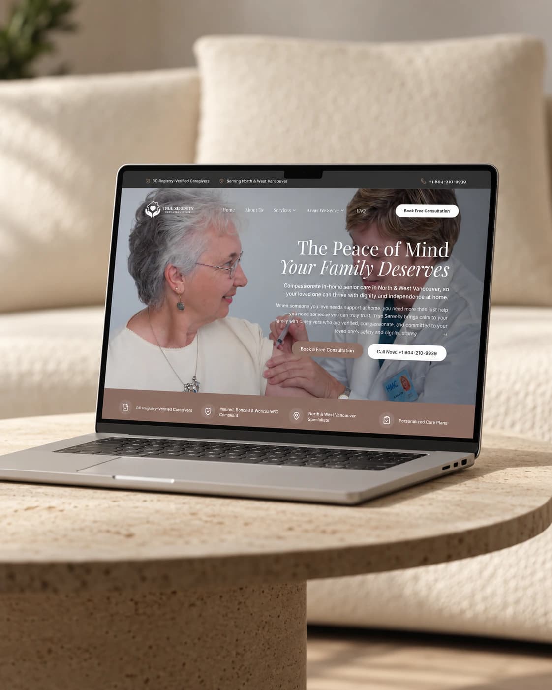 True Serenity Home Care homepage on a laptop: The Peace of Mind Your Family Deserves