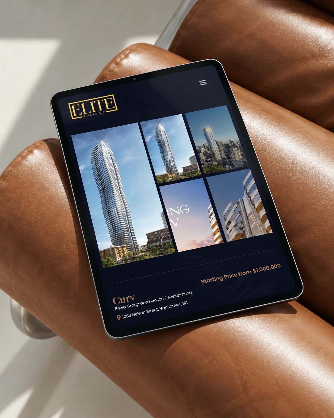 Vancouver Elites Curv presale project page on a tablet, resting on a leather armchair
