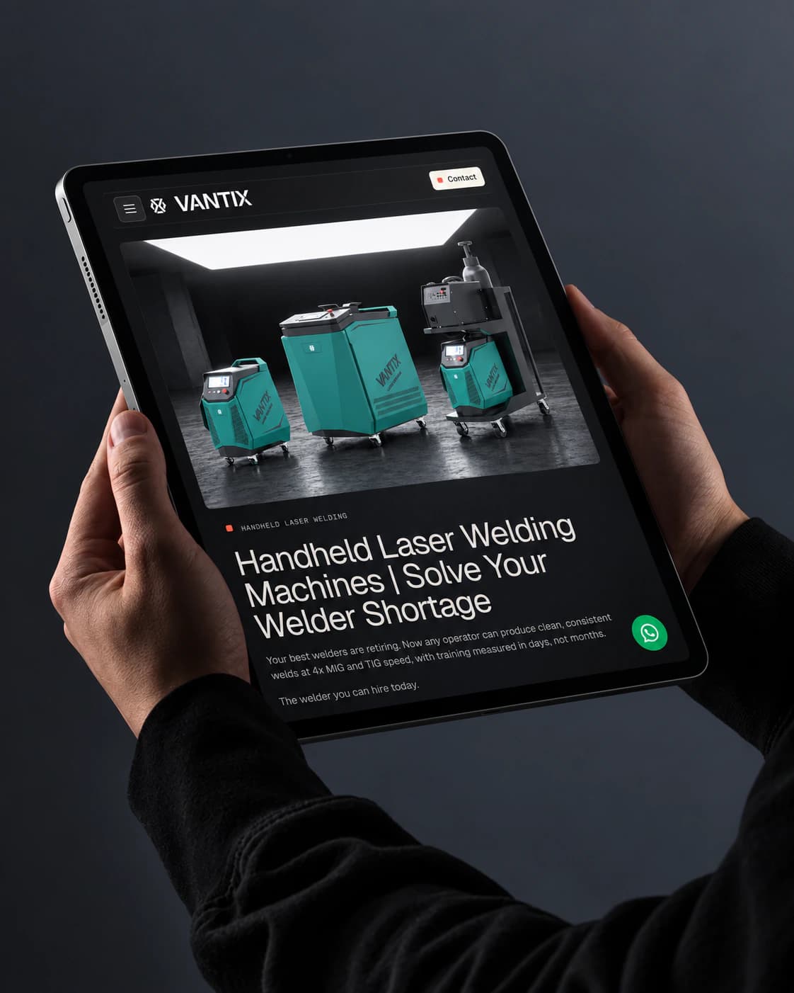 Vantix handheld laser welding machines page on a tablet, held in two hands