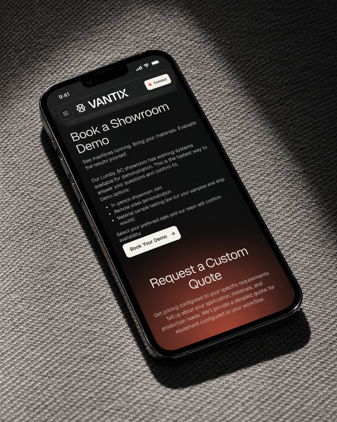 Vantix Book a Showroom Demo contact page on a phone, with the custom quote form