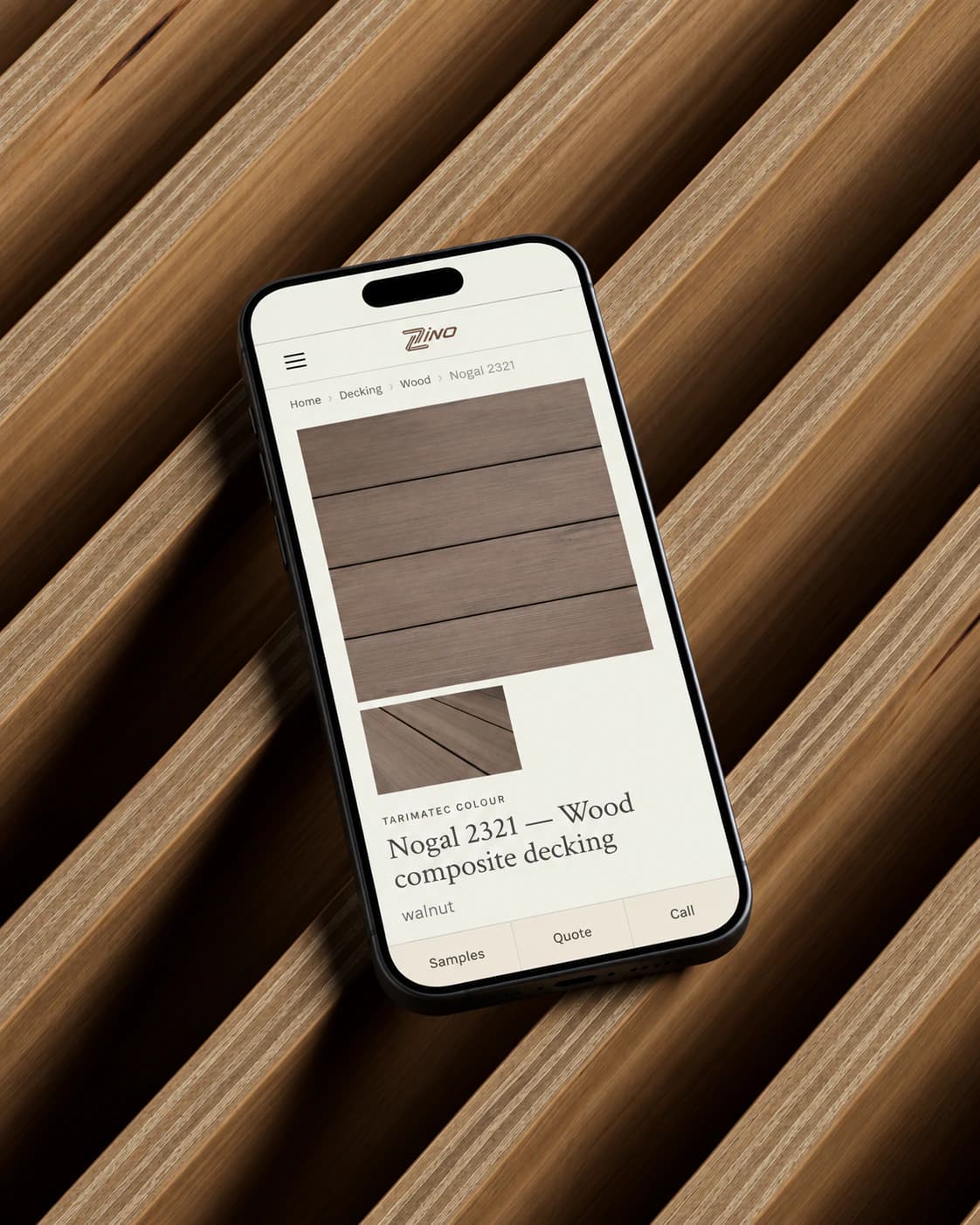 Zinodeck Nogal 2321 colour detail page on a phone, laid on composite decking boards